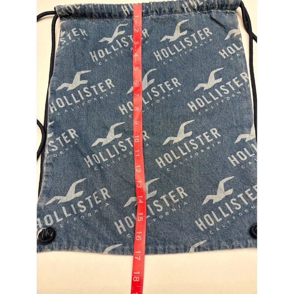 Hollister Denim Drawstring Backpack Blue Logo Print Beach Gym‎ Travel Bag